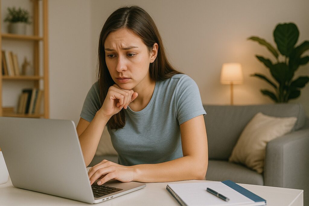 Beginner trying to figure out how to start making money online while feeling overwhelmed at her laptop.